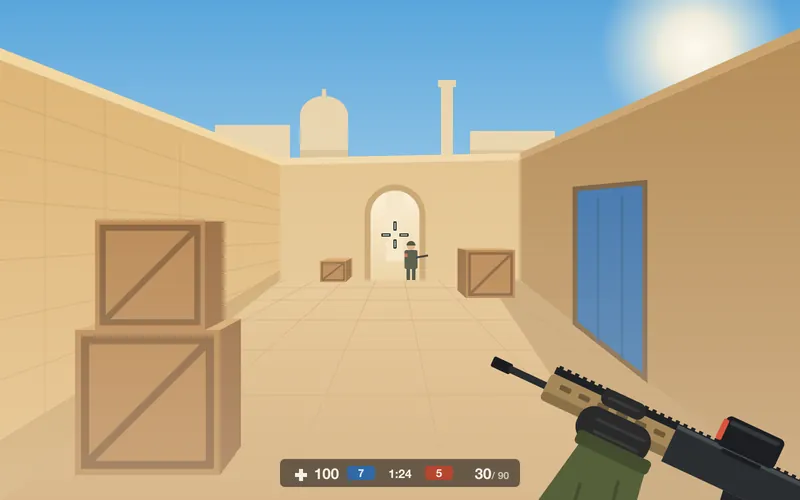 Sandline: a first-person view down a sunlit desert-town lane, rifle in hand, a rival in the archway.